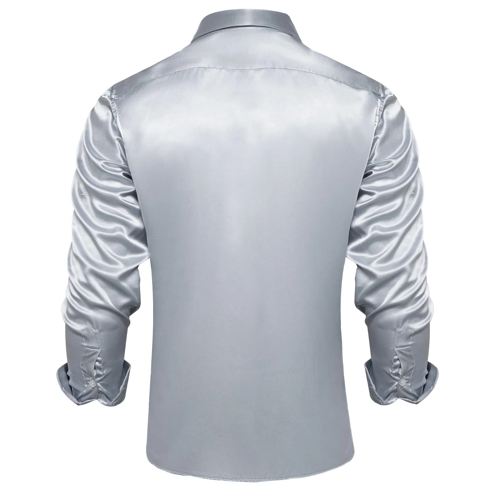 Silver Solid Satin Silk Men's Long Sleeve Business Shirt