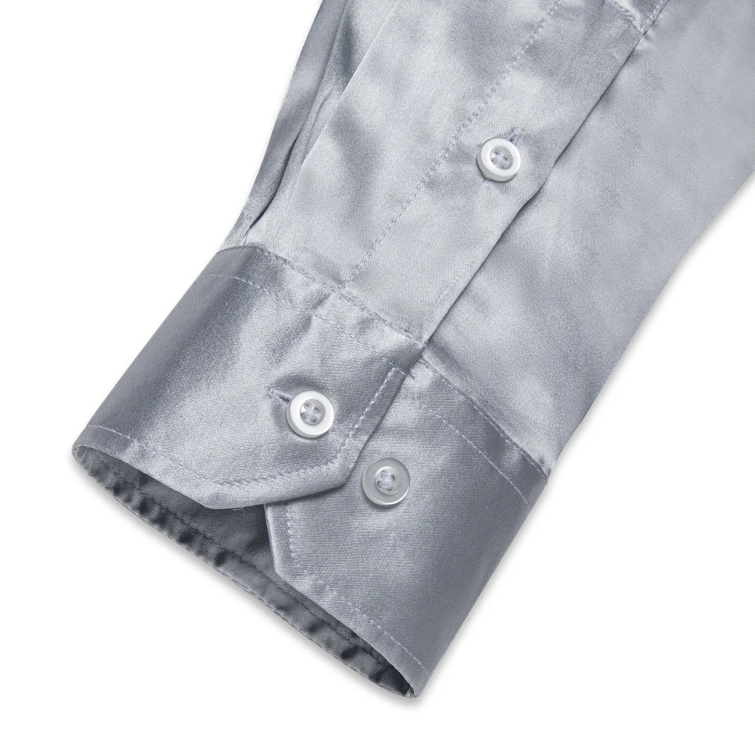 Silver Solid Satin Silk Men's Long Sleeve Business Shirt