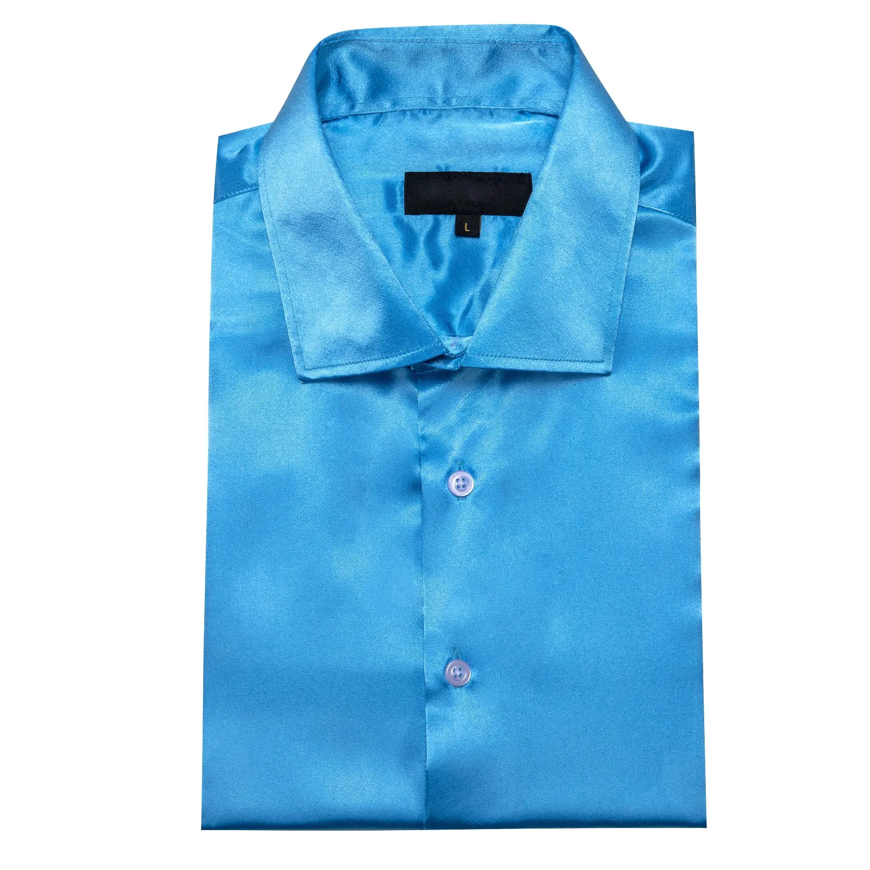 Sky Blue Solid Satin Silk Men's Long Sleeve Shirt