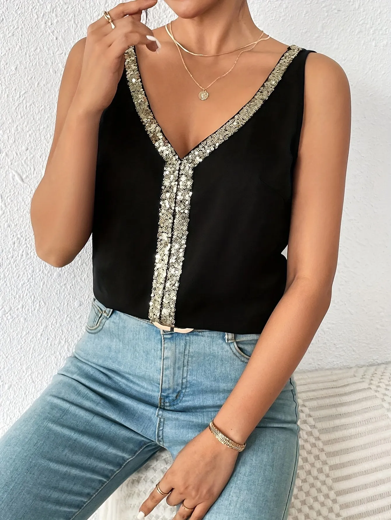 Sparkling Sequin V Neck Tank  Summer Dressy Sleeveless Top