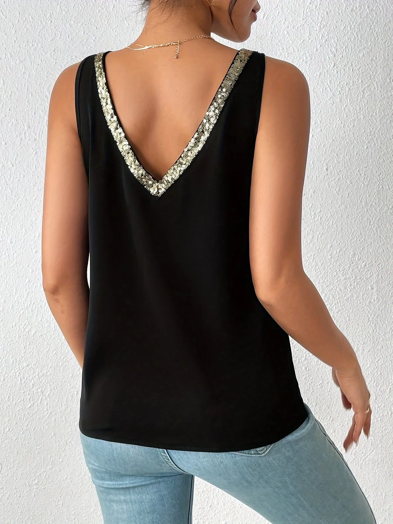 Sparkling Sequin V Neck Tank  Summer Dressy Sleeveless Top