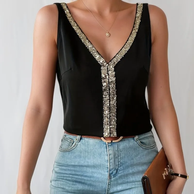 Sparkling Sequin V Neck Tank  Summer Dressy Sleeveless Top