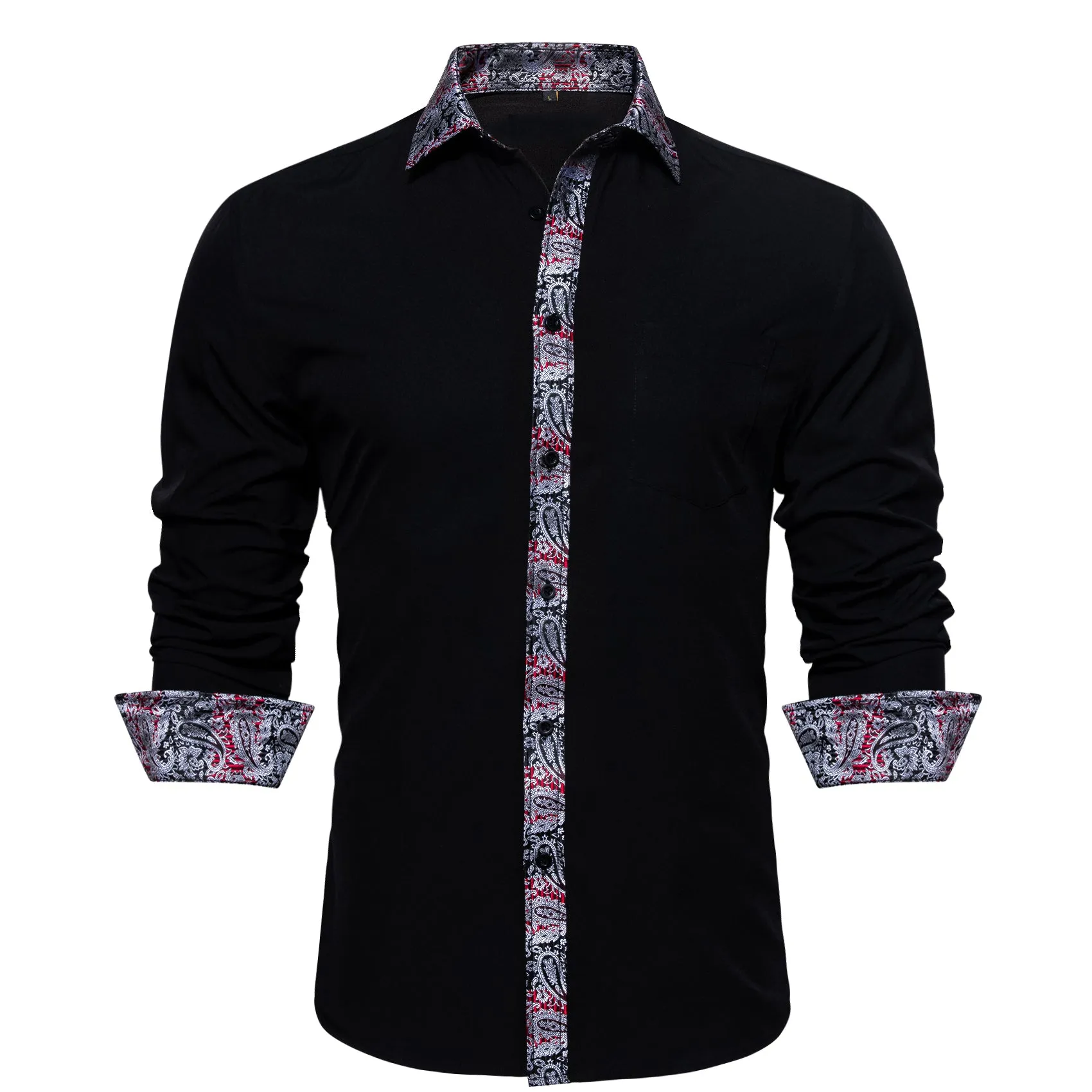 Splicing Style Black with Silver Paisley Edge Men's Long Sleeve Shirt