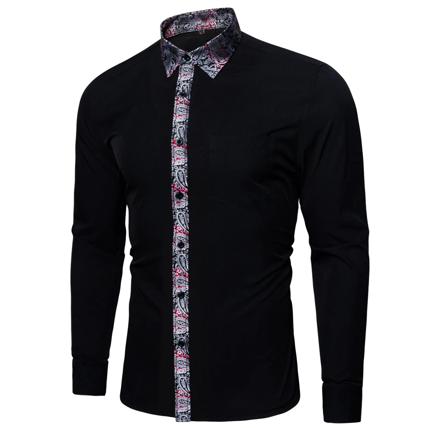 Splicing Style Black with Silver Paisley Edge Men's Long Sleeve Shirt