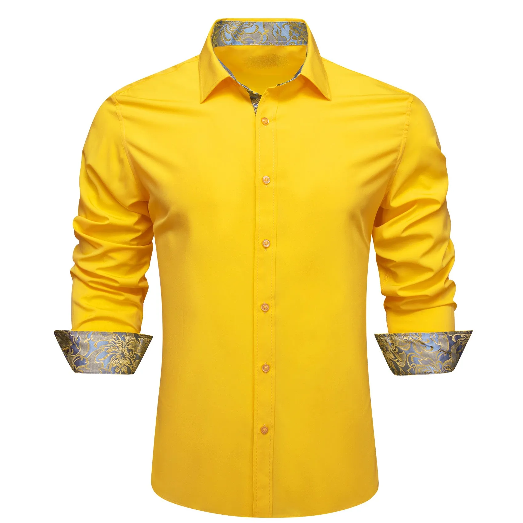 Splicing Style Lemon Yellow with Silver Yellow Floral Edge Men's Long Sleeve Shirt