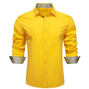 Splicing Style Lemon Yellow with Silver Yellow Floral Edge Men's Long Sleeve Shirt