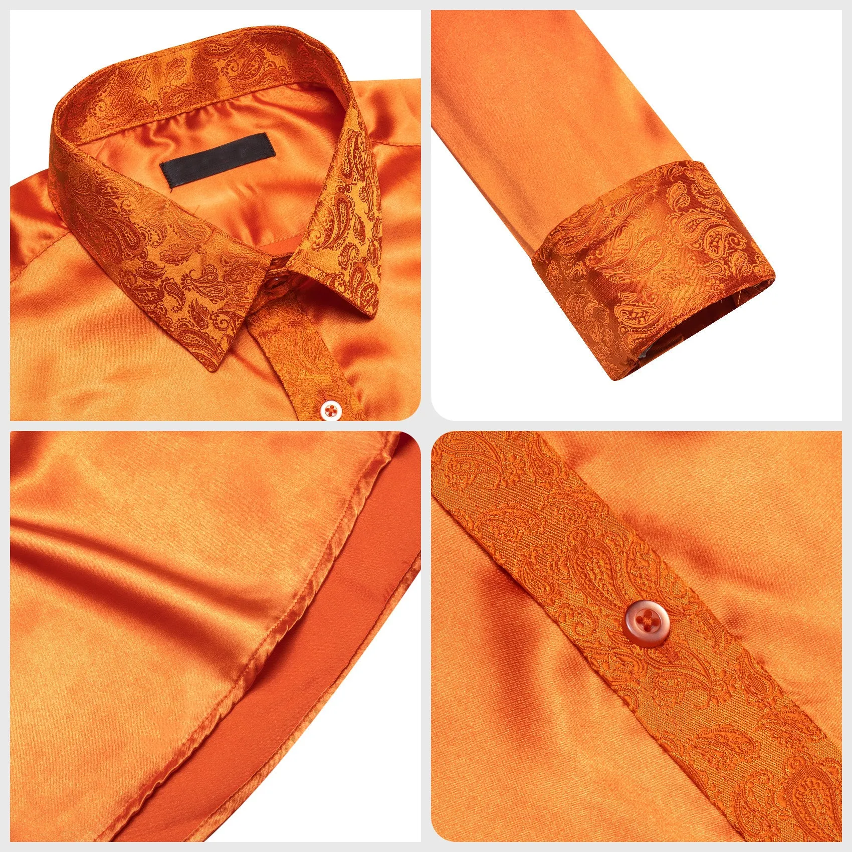 Splicing Style Orange Solid with Orange Paisley Edge Men's Long Sleeve Shirt