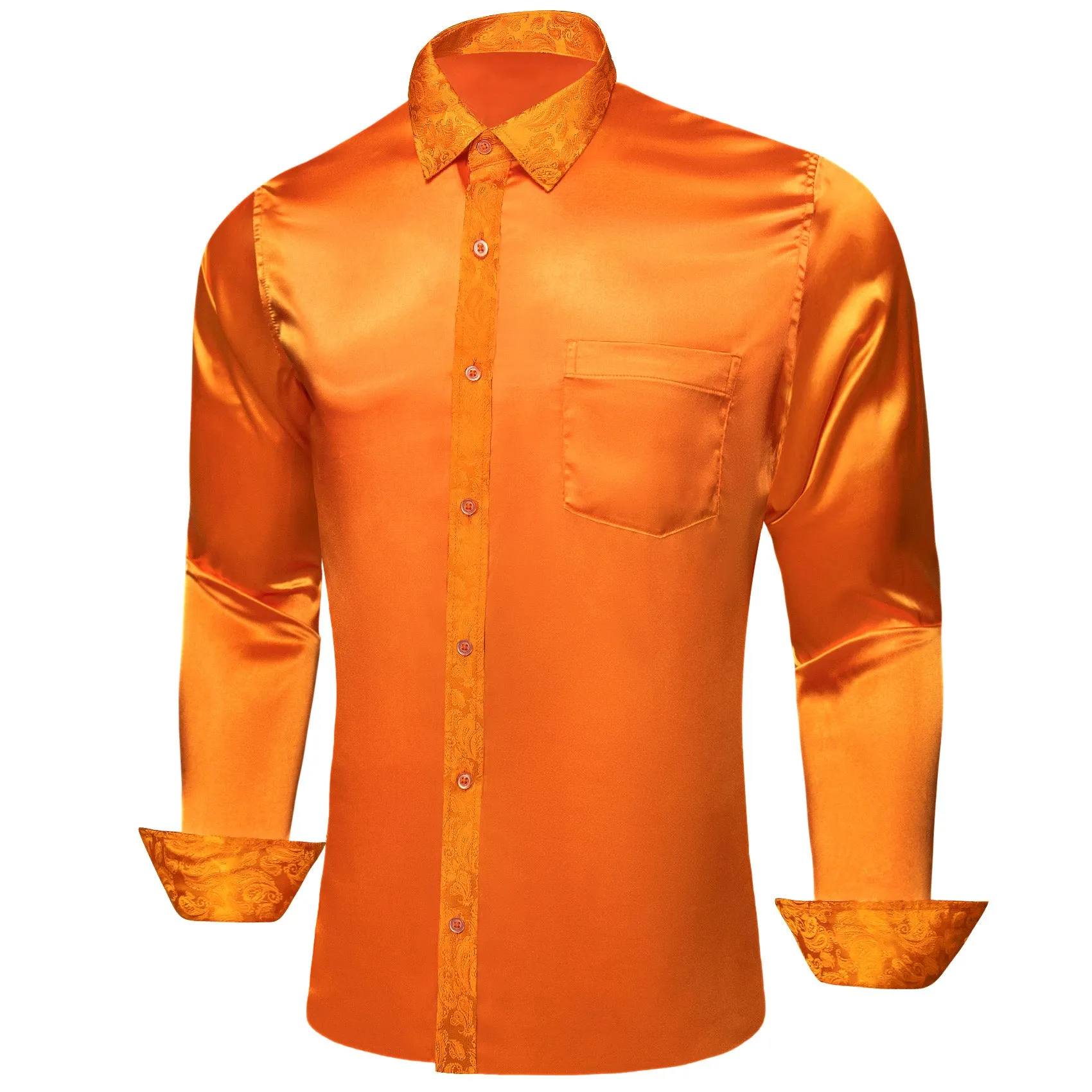 Splicing Style Orange Solid with Orange Paisley Edge Men's Long Sleeve Shirt