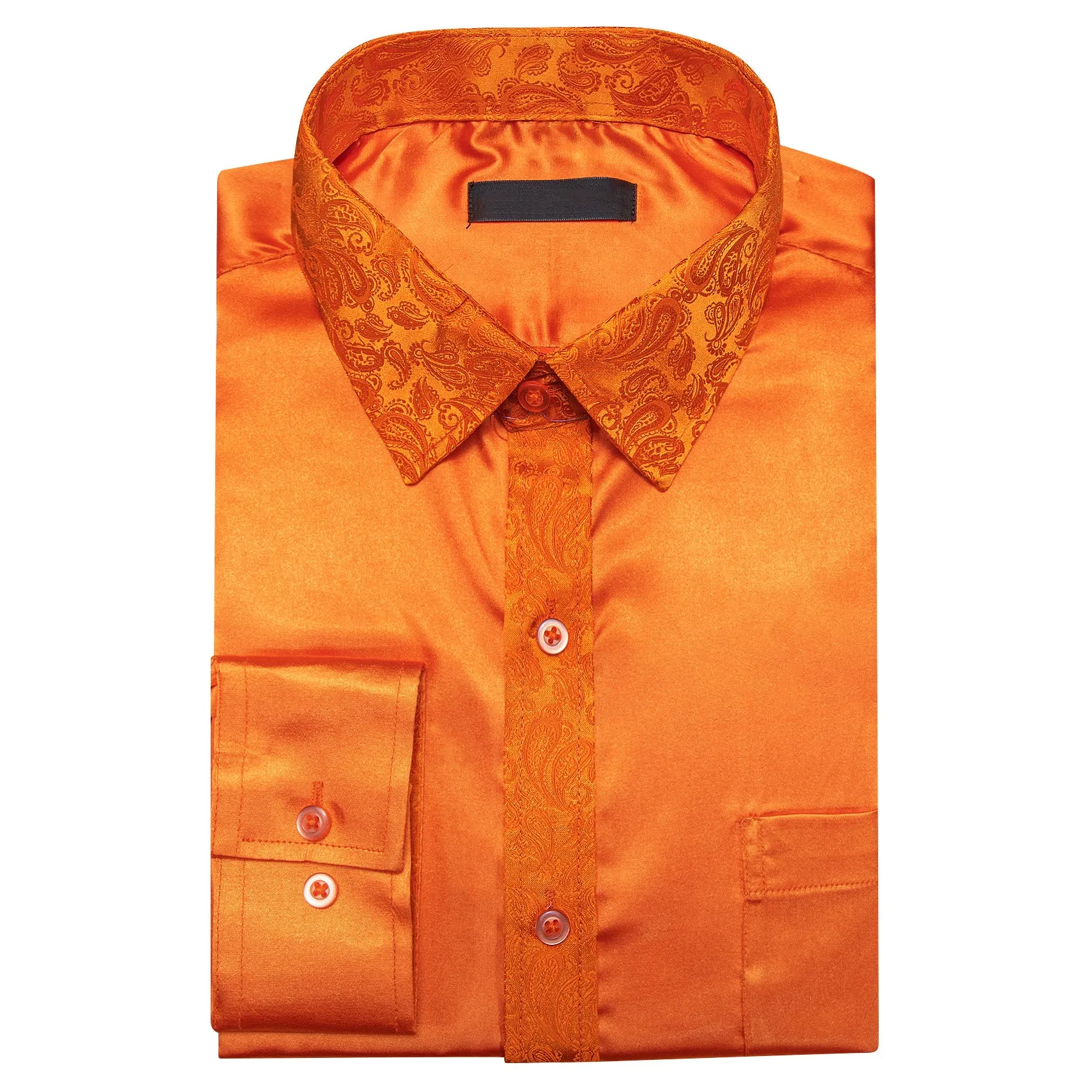 Splicing Style Orange Solid with Orange Paisley Edge Men's Long Sleeve Shirt