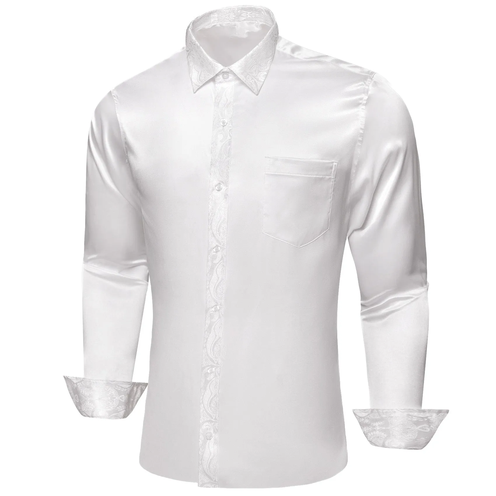 Splicing Style White Solid with White Paisley Edge Men's Long Sleeve Shirt