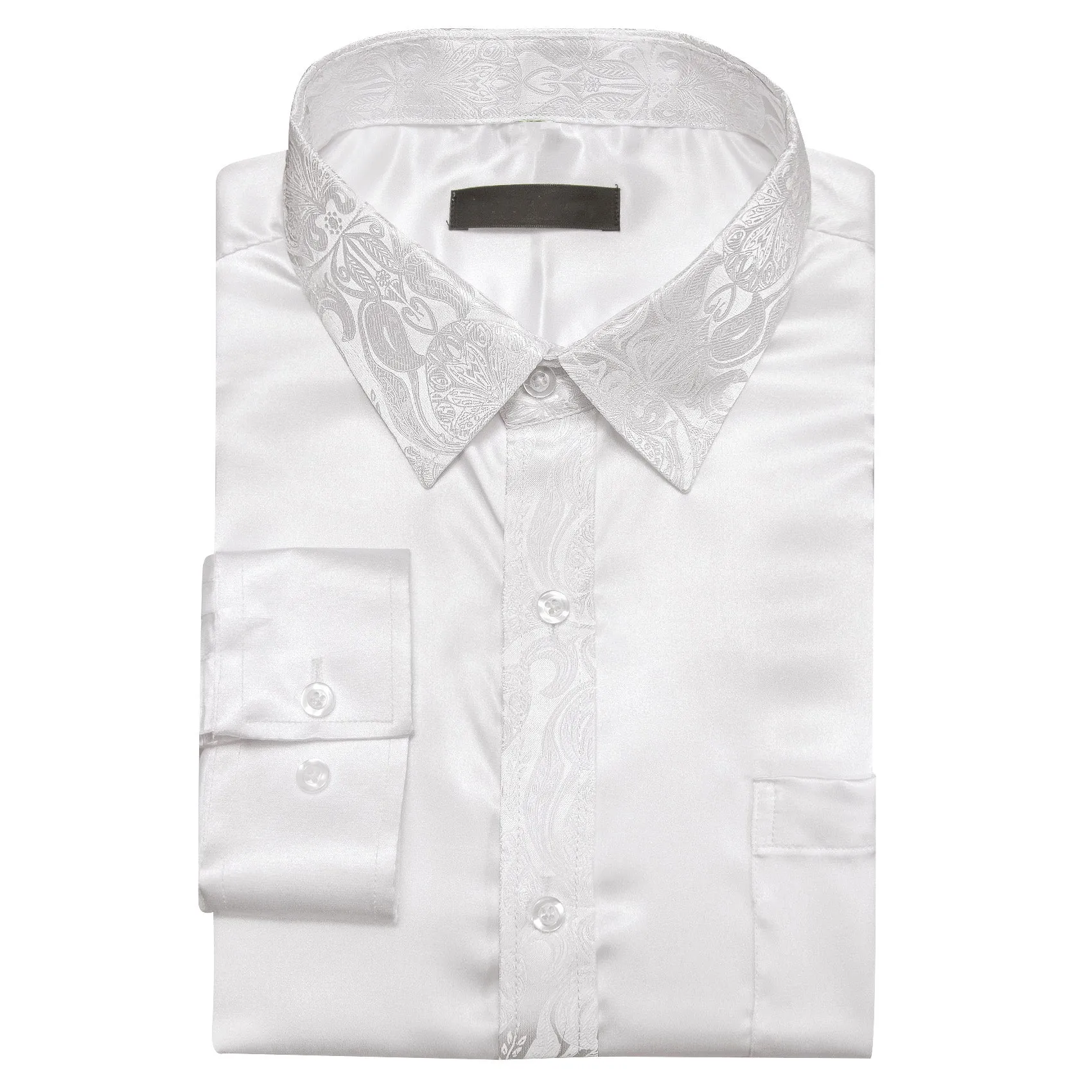 Splicing Style White Solid with White Paisley Edge Men's Long Sleeve Shirt