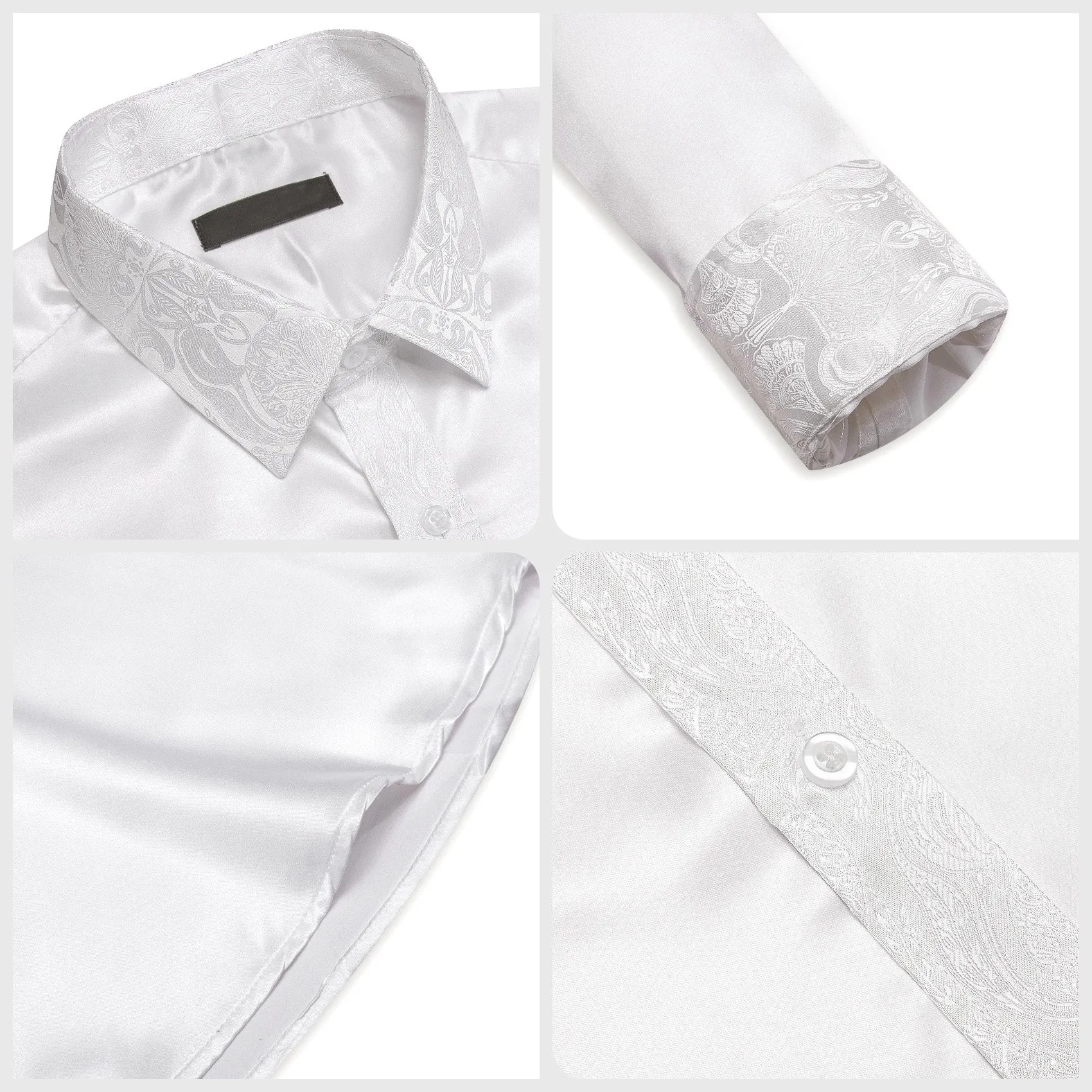 Splicing Style White Solid with White Paisley Edge Men's Long Sleeve Shirt