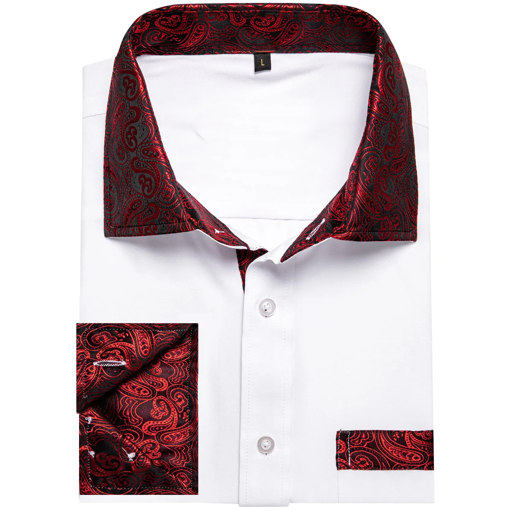 Splicing Style White with Red Paisley Edge Men's Solid Long Sleeve Shirt