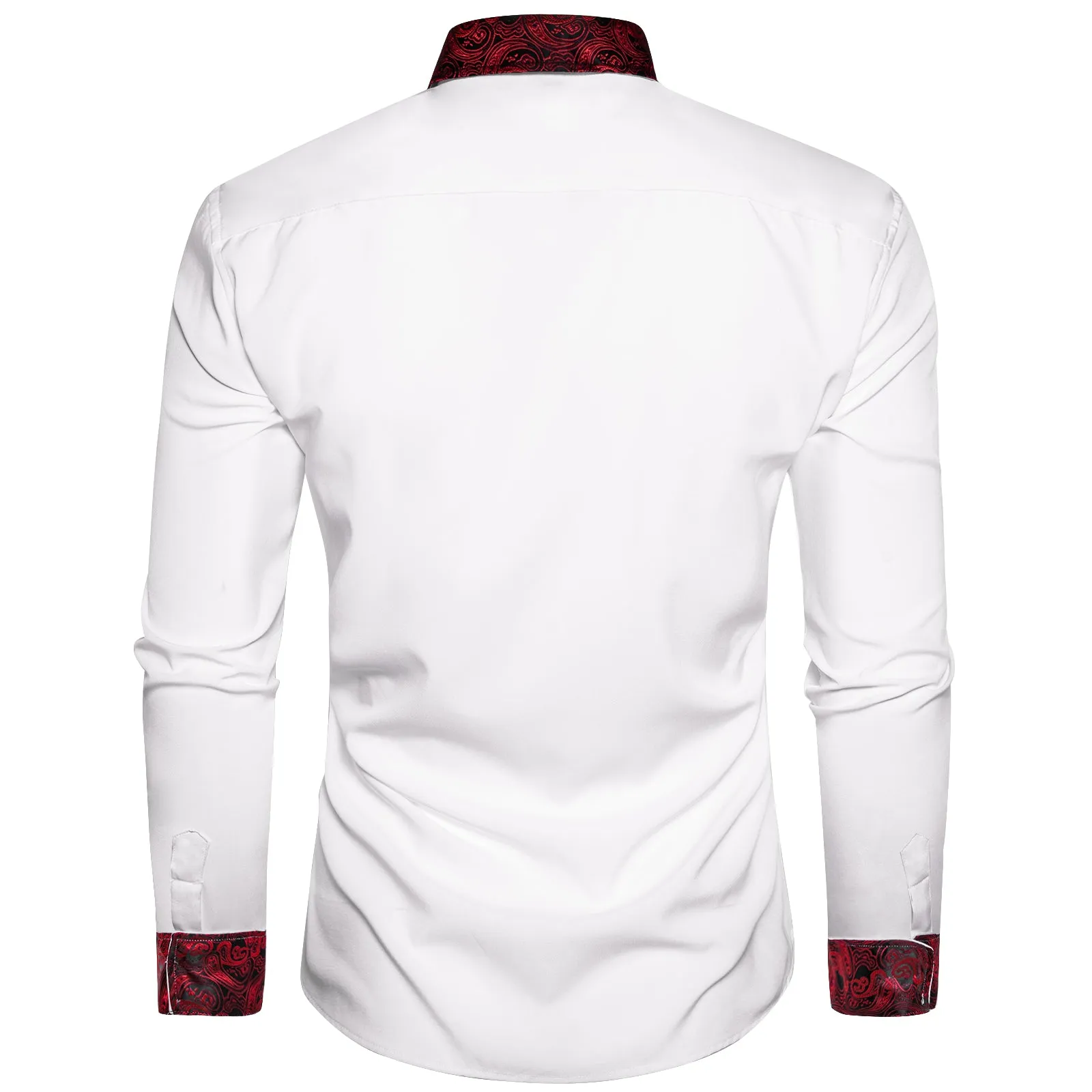 Splicing Style White with Red Paisley Edge Men's Solid Long Sleeve Shirt