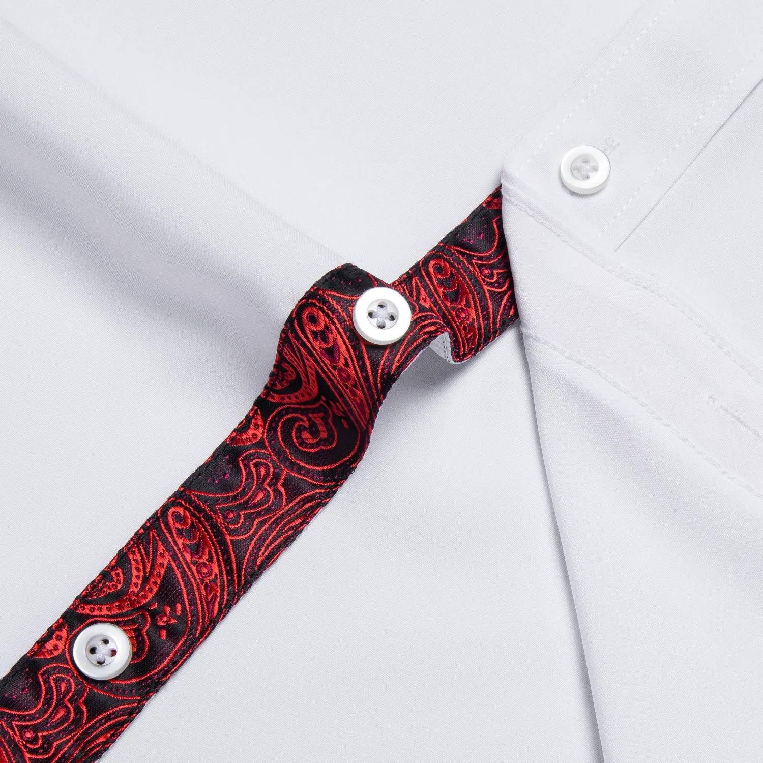 Splicing Style White with Red Paisley Edge Men's Solid Long Sleeve Shirt