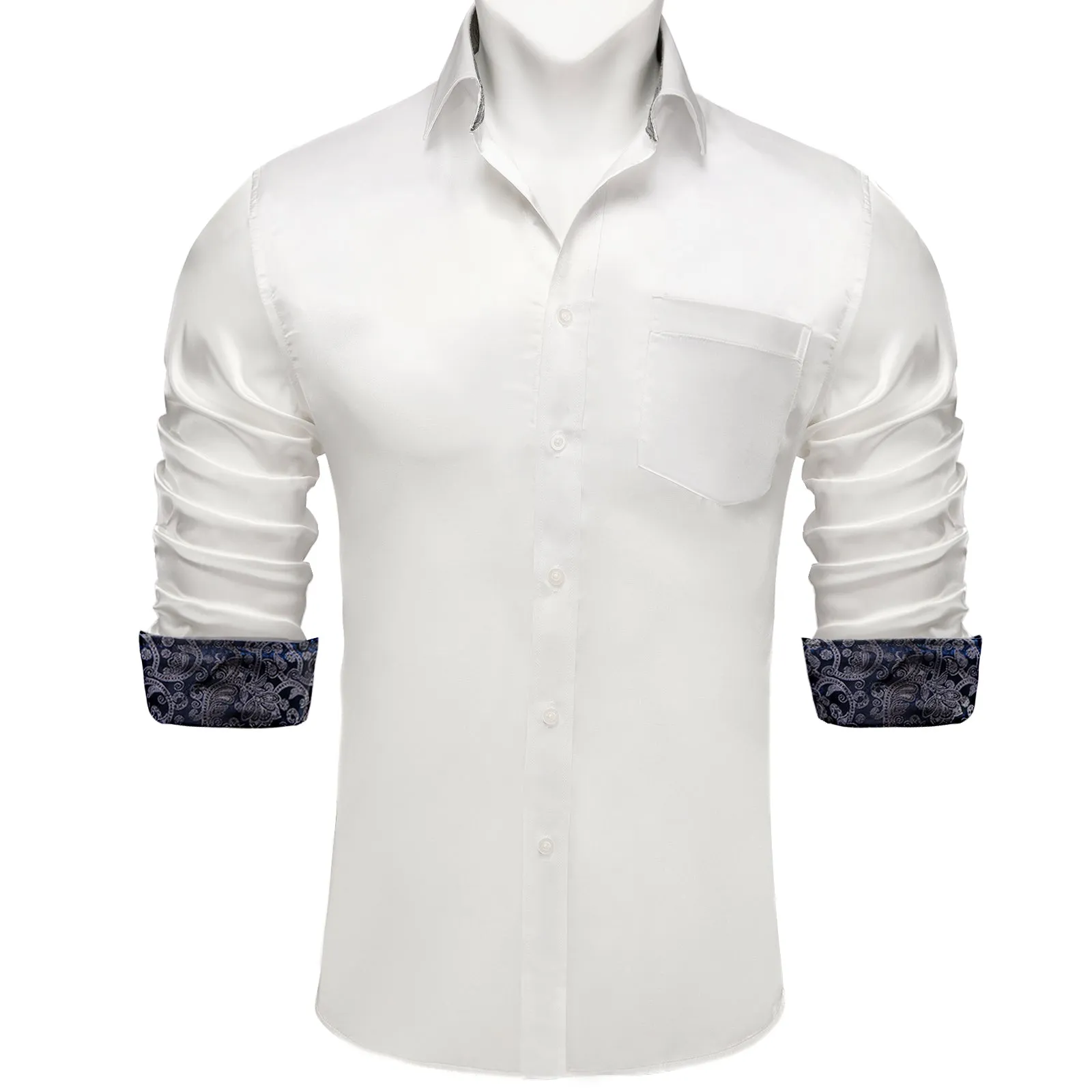 Splicing Style White with Royal Blue Paisley Edge Men's Solid Long Sleeve Shirt