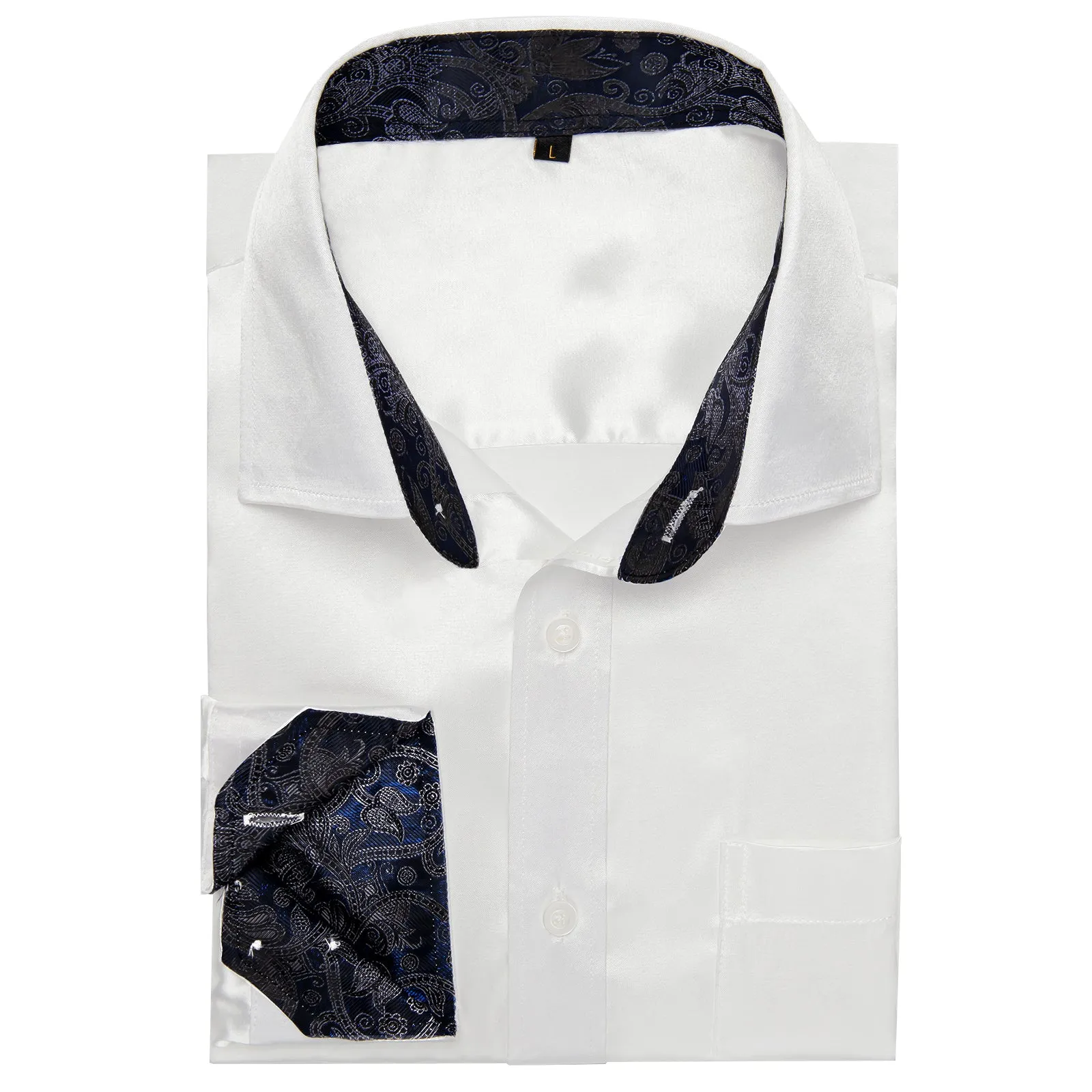 Splicing Style White with Royal Blue Paisley Edge Men's Solid Long Sleeve Shirt