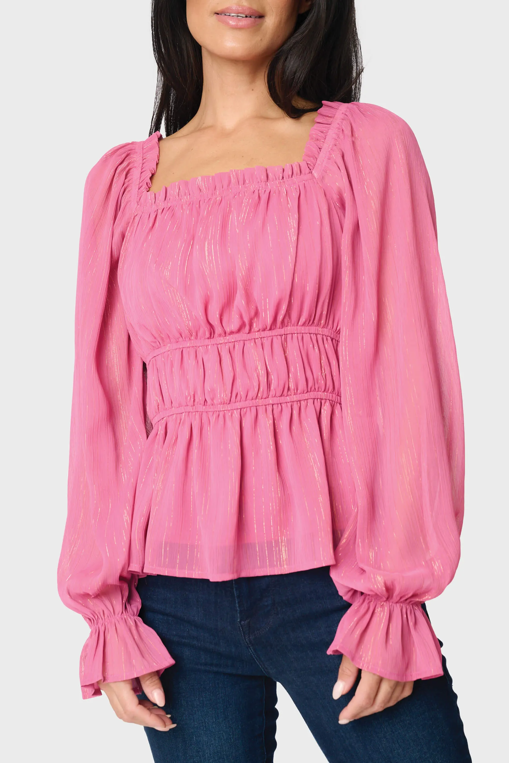 Square Neck Smocked Waist Long Sleeve Blouse