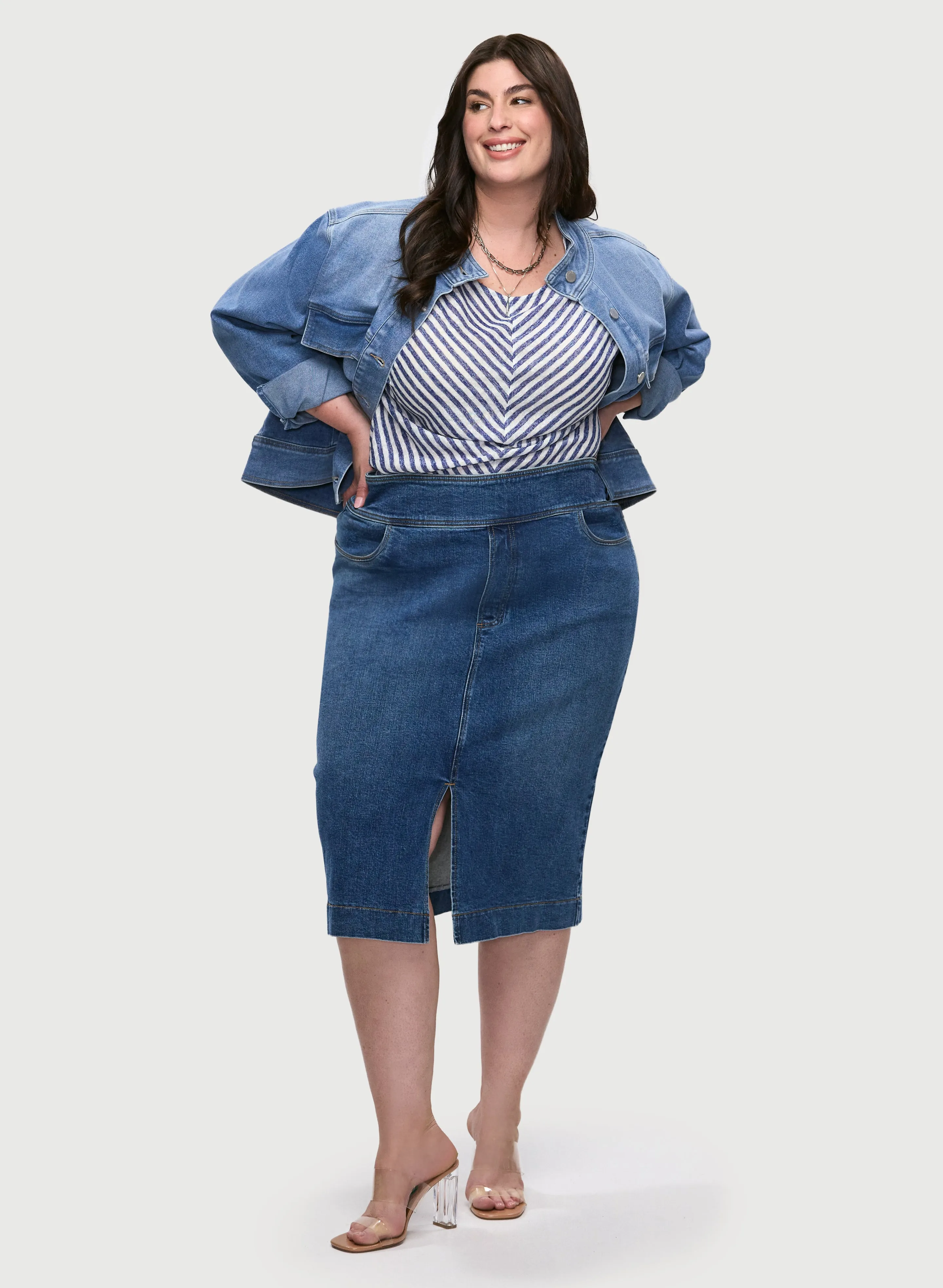 Stand Collar Denim Jacket & Pencil Skirt