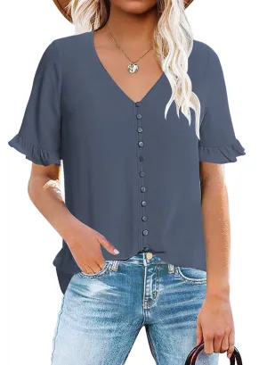 Steel Blue Ruffle Trim Short Sleeves V-Neck Button-Down Top