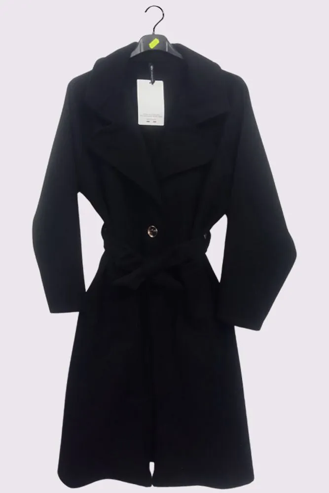 Stripe Pattern Front Pockets Belt Coat