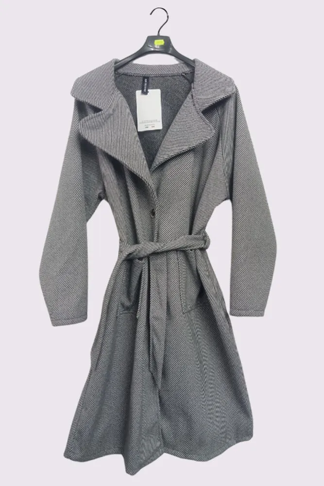 Stripe Pattern Front Pockets Belt Coat