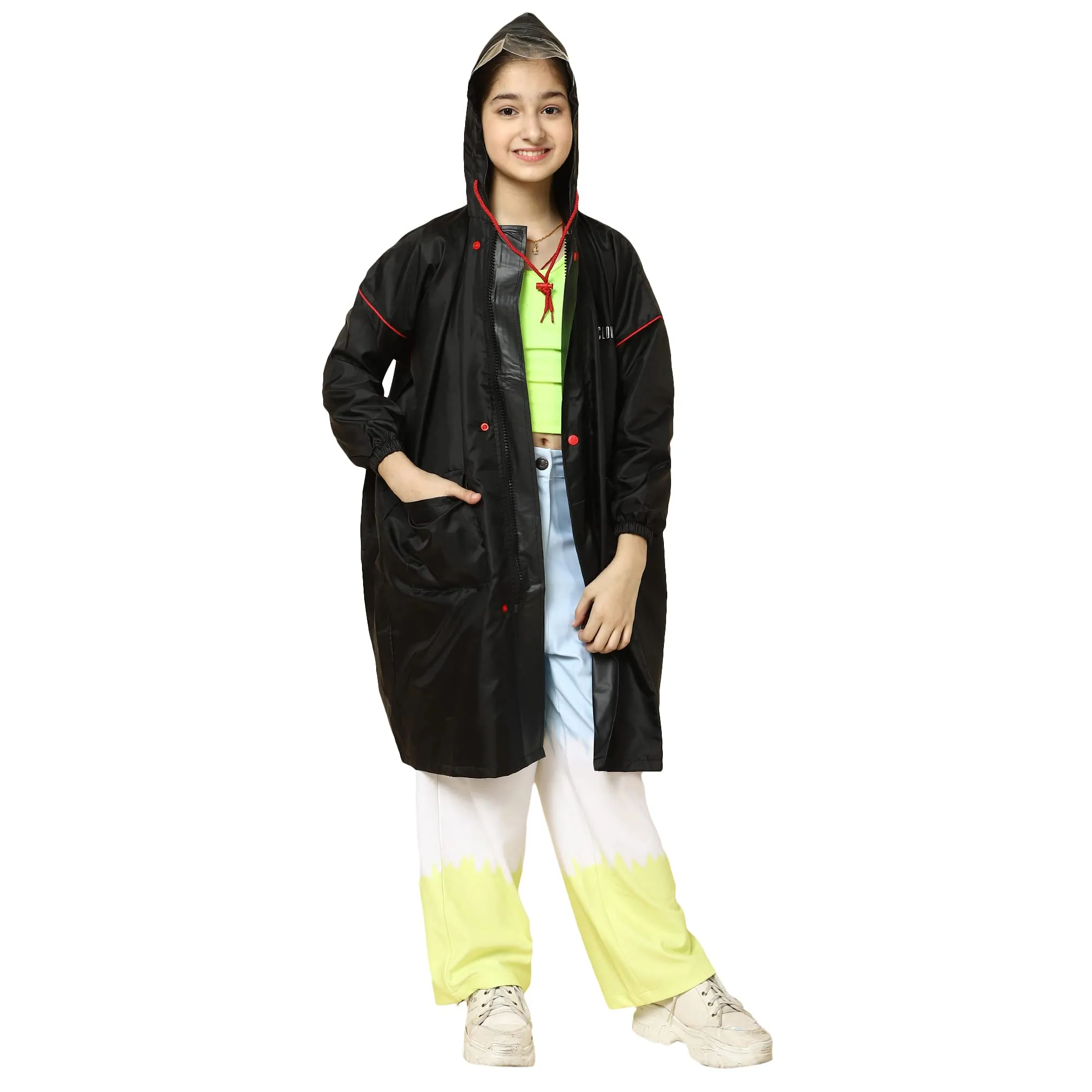 THE CLOWNFISH Laurel Series Kids Waterproof PVC Longcoat with Adjustable Hood & Extra Space for Backpack/Schoolbag Holding. Printed Plastic Pouch. Kid Age-9-10 years (Size-36-Purple)