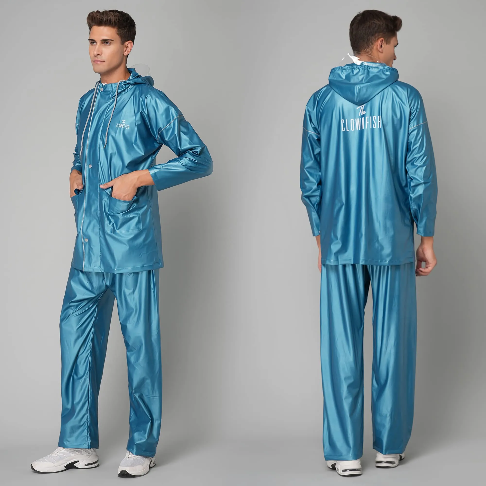 THE CLOWNFISH Oceanic Pro Series Men's Waterproof PVC Raincoat with Hood and Reflector Logo at Back for Night Travelling. Set of Top and Bottom (Turquiose Blue, XXL)