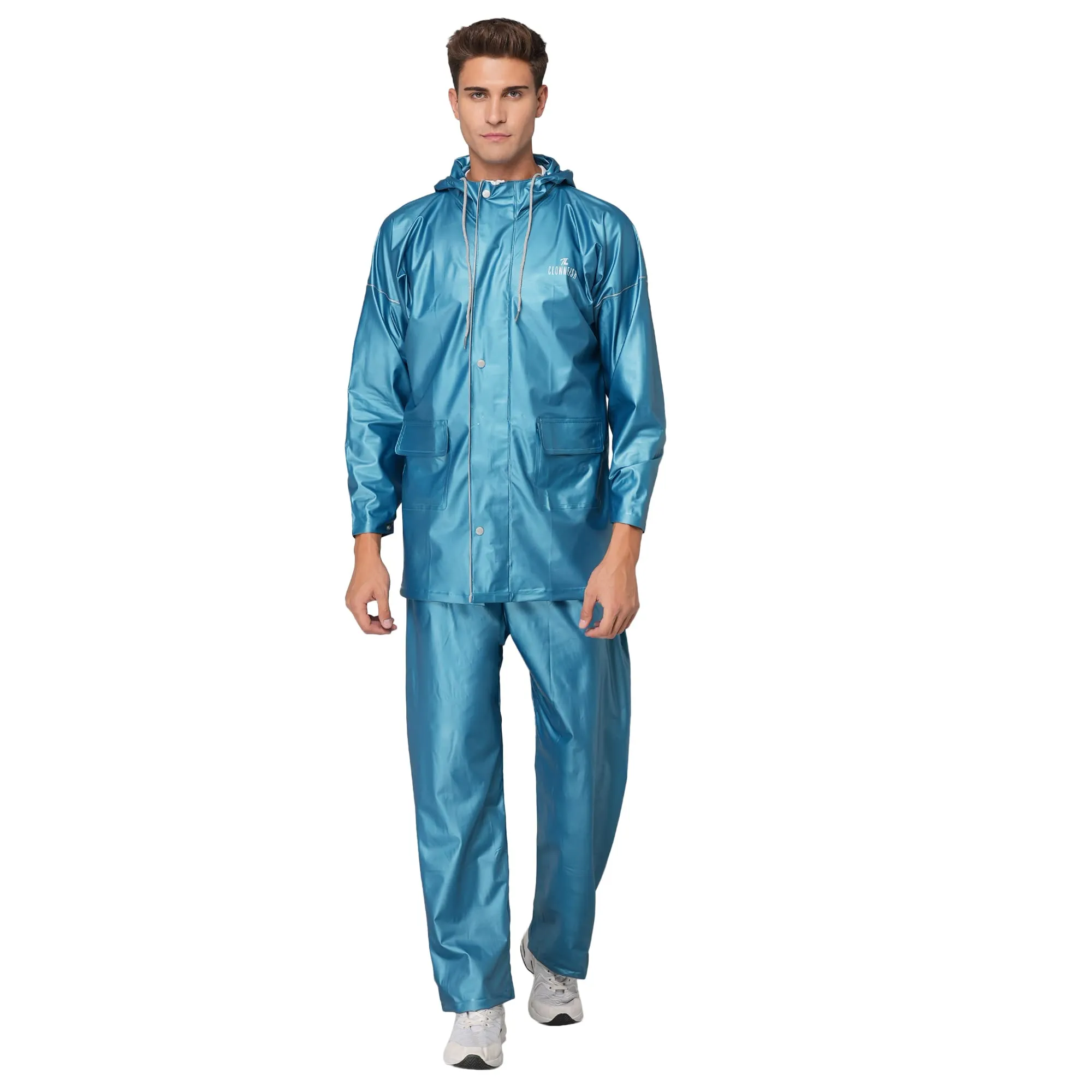 THE CLOWNFISH Oceanic Pro Series Men's Waterproof PVC Raincoat with Hood and Reflector Logo at Back for Night Travelling. Set of Top and Bottom (Turquiose Blue, XXL)