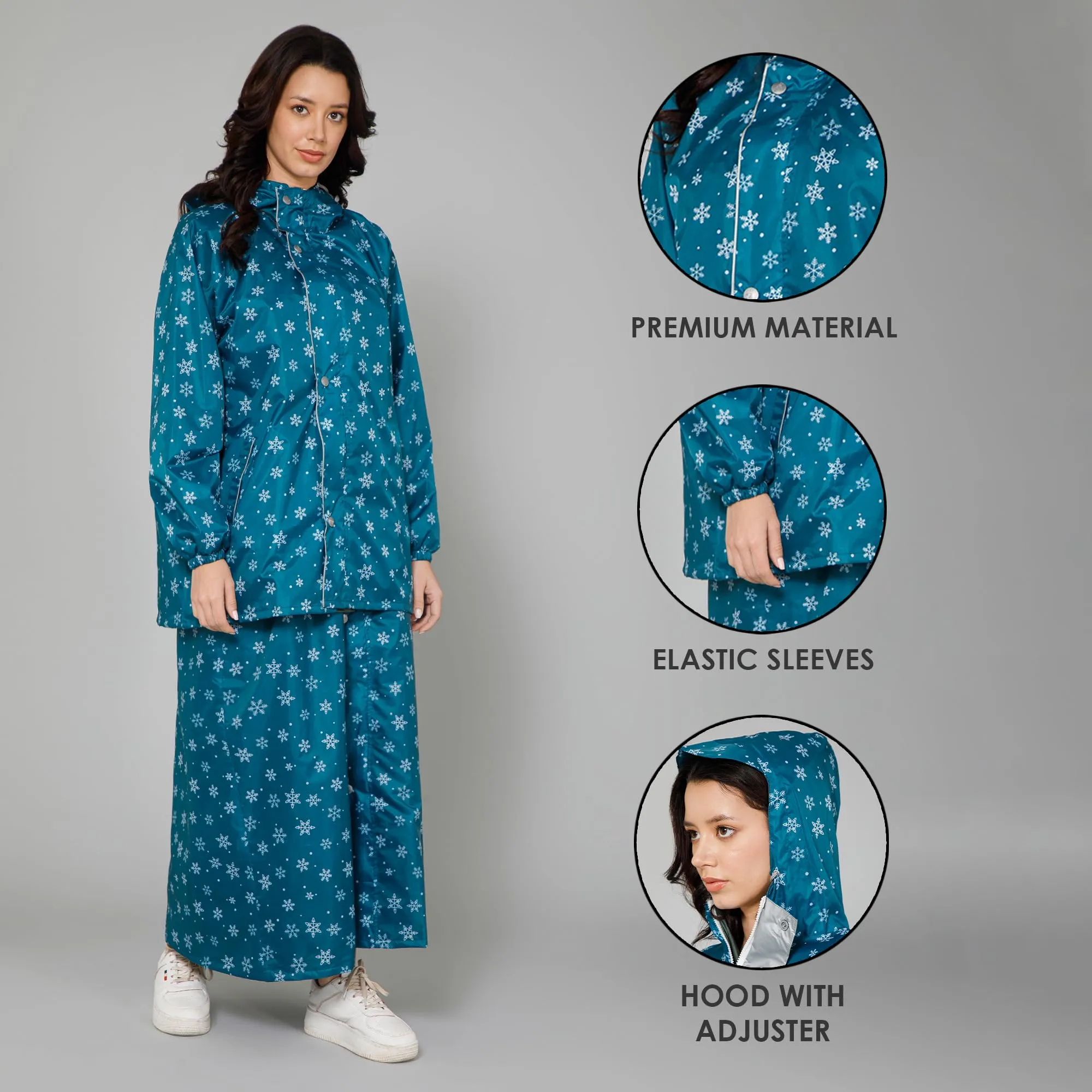 THE CLOWNFISH Polyester Waterproof Rain Coat For Women Skirt and Top Raincoat With Adjustable Hood and Front Pockets Rain Glam Series (Turquoise Blue Floral, X-Large)