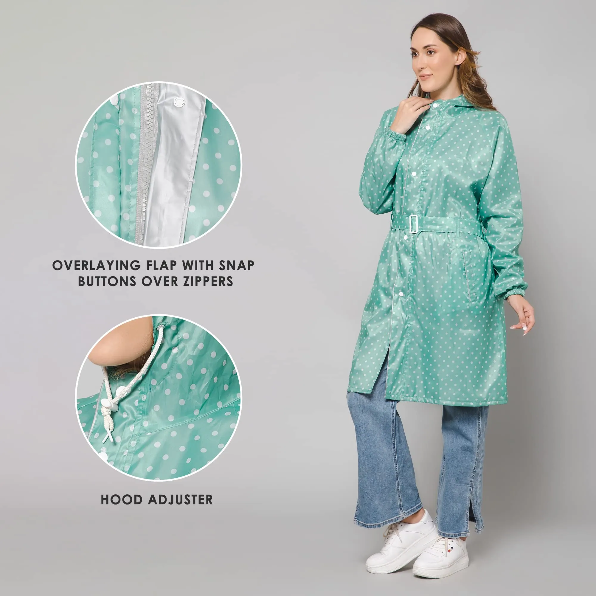 THE CLOWNFISH Raincoats for Women Rain Coat for Women Longcoat Raincoat for Ladies Waterproof Reversible Double Layer. Dotty Delight Series (Green, X-Large)