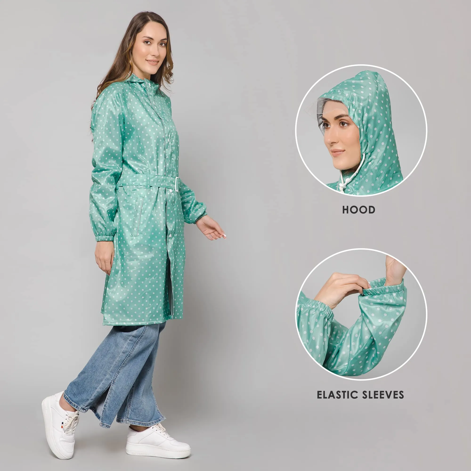 THE CLOWNFISH Raincoats for Women Rain Coat for Women Longcoat Raincoat for Ladies Waterproof Reversible Double Layer. Dotty Delight Series (Green, X-Large)