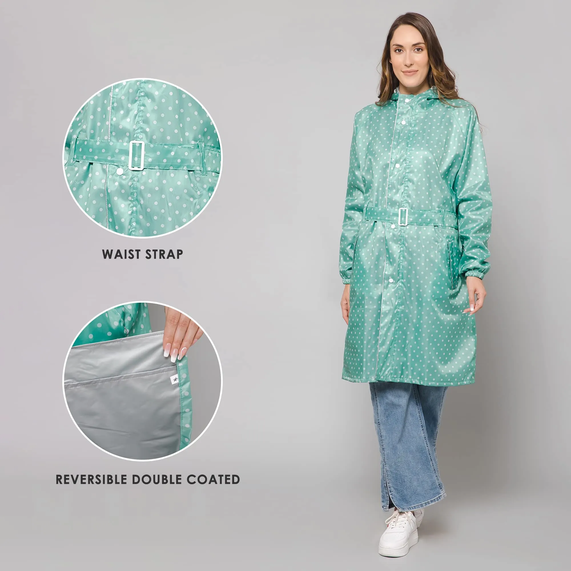 THE CLOWNFISH Raincoats for Women Rain Coat for Women Longcoat Raincoat for Ladies Waterproof Reversible Double Layer. Dotty Delight Series (Green, X-Large)