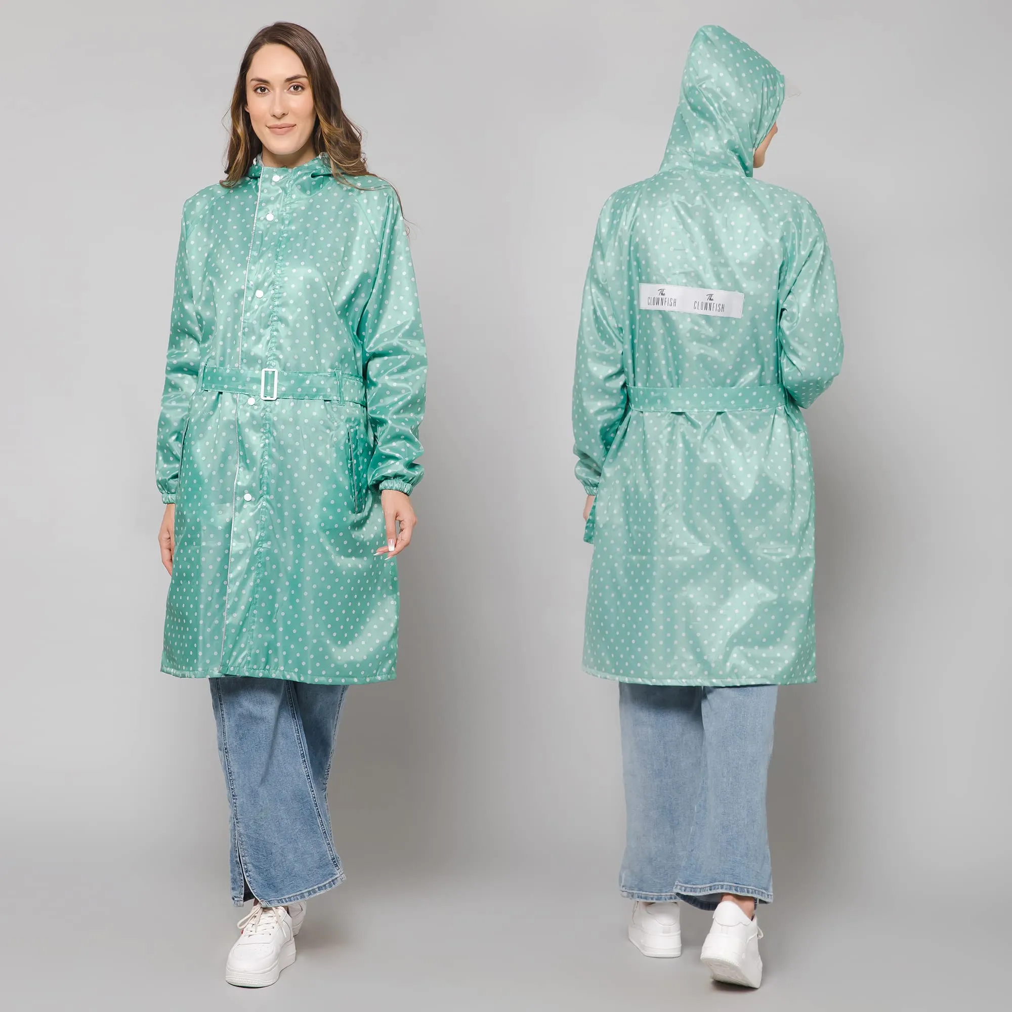 THE CLOWNFISH Raincoats for Women Rain Coat for Women Longcoat Raincoat for Ladies Waterproof Reversible Double Layer. Dotty Delight Series (Green, X-Large)