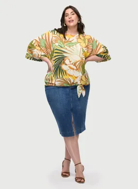 Tie-Hem Tropical Print Top & Denim Pencil Skirt