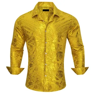 Ties2you Bronzing Shirt Men's Gold Yellow Jacquard Floral Silk Button Down Shirt