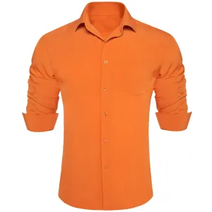 Ties2you Button Down Shirt Carrot Orange Solid Men's Silk Long Sleeve Shirt