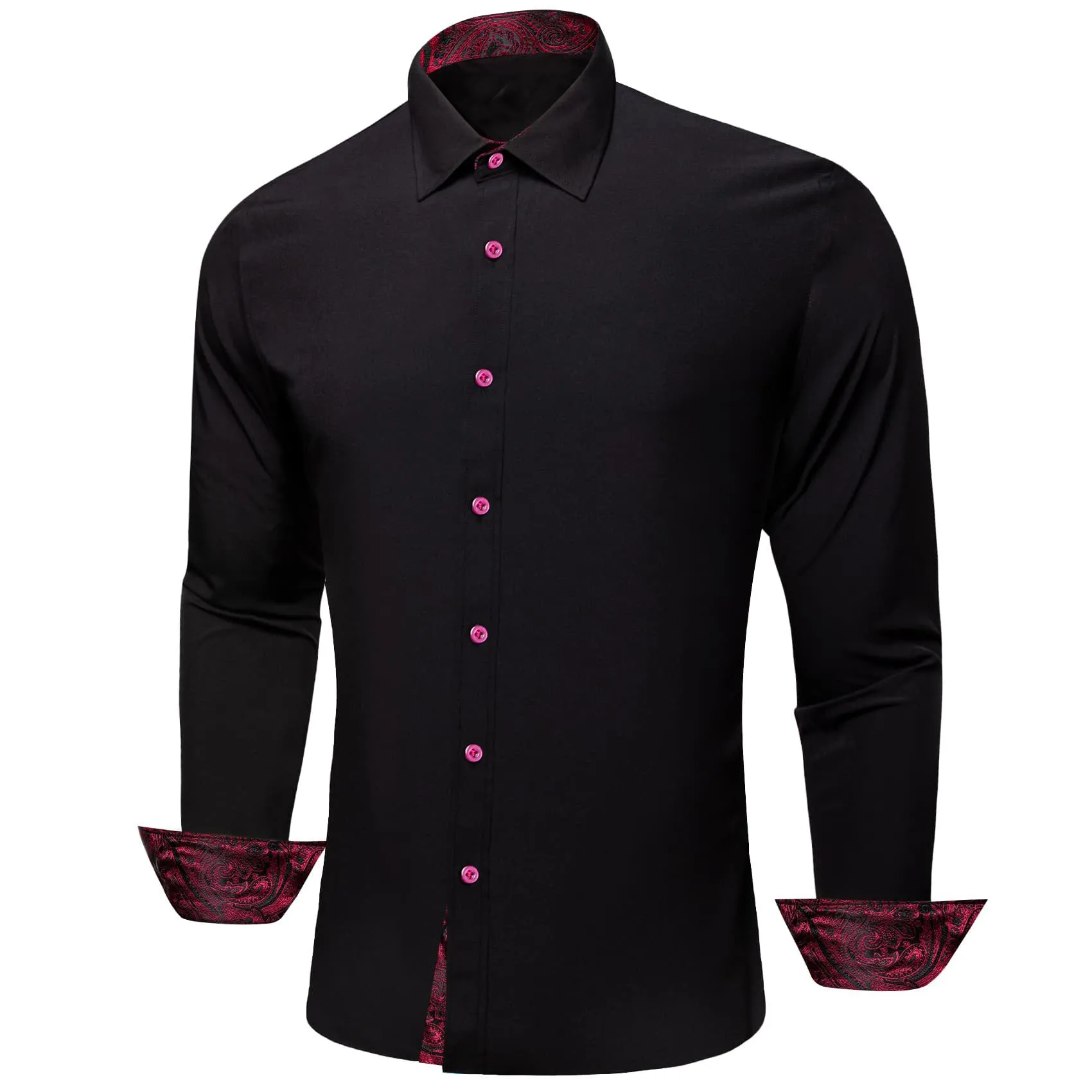 Ties2you Button Up Shirt Pure Black Splicing Red Silk Long Sleeve Mens Shirt