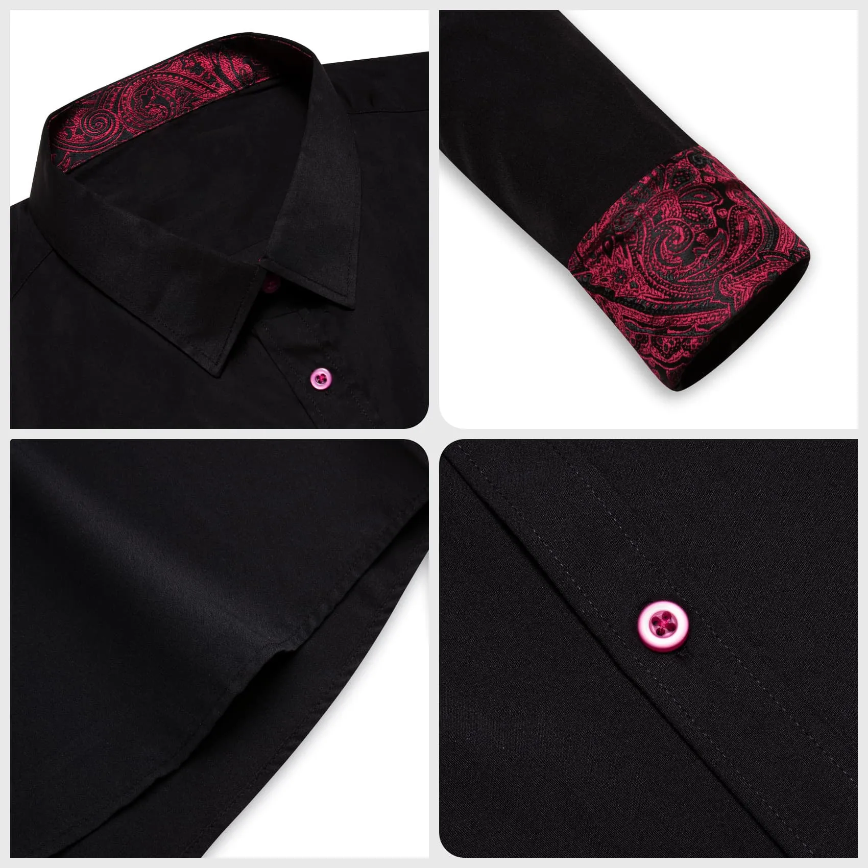 Ties2you Button Up Shirt Pure Black Splicing Red Silk Long Sleeve Mens Shirt