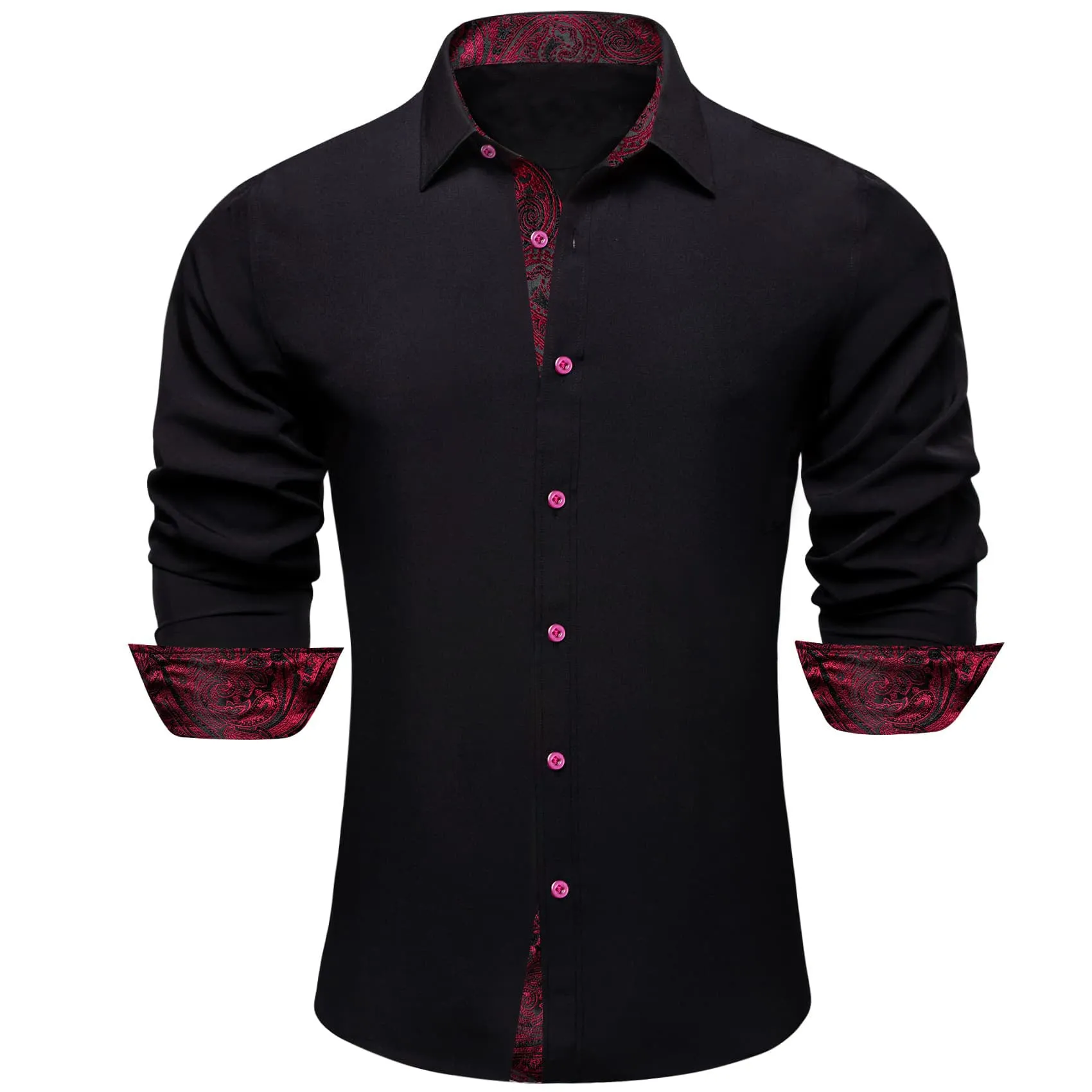 Ties2you Button Up Shirt Pure Black Splicing Red Silk Long Sleeve Mens Shirt