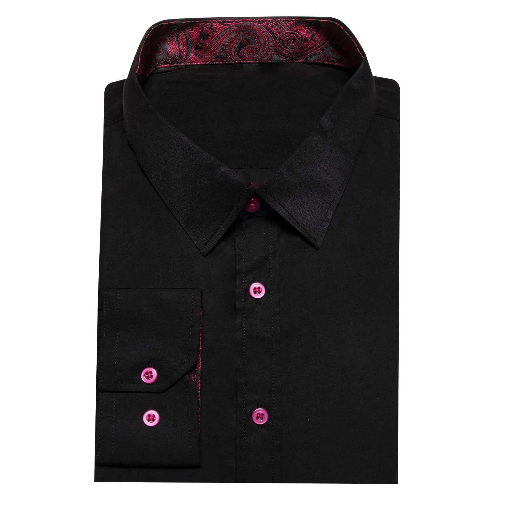 Ties2you Button Up Shirt Pure Black Splicing Red Silk Long Sleeve Mens Shirt