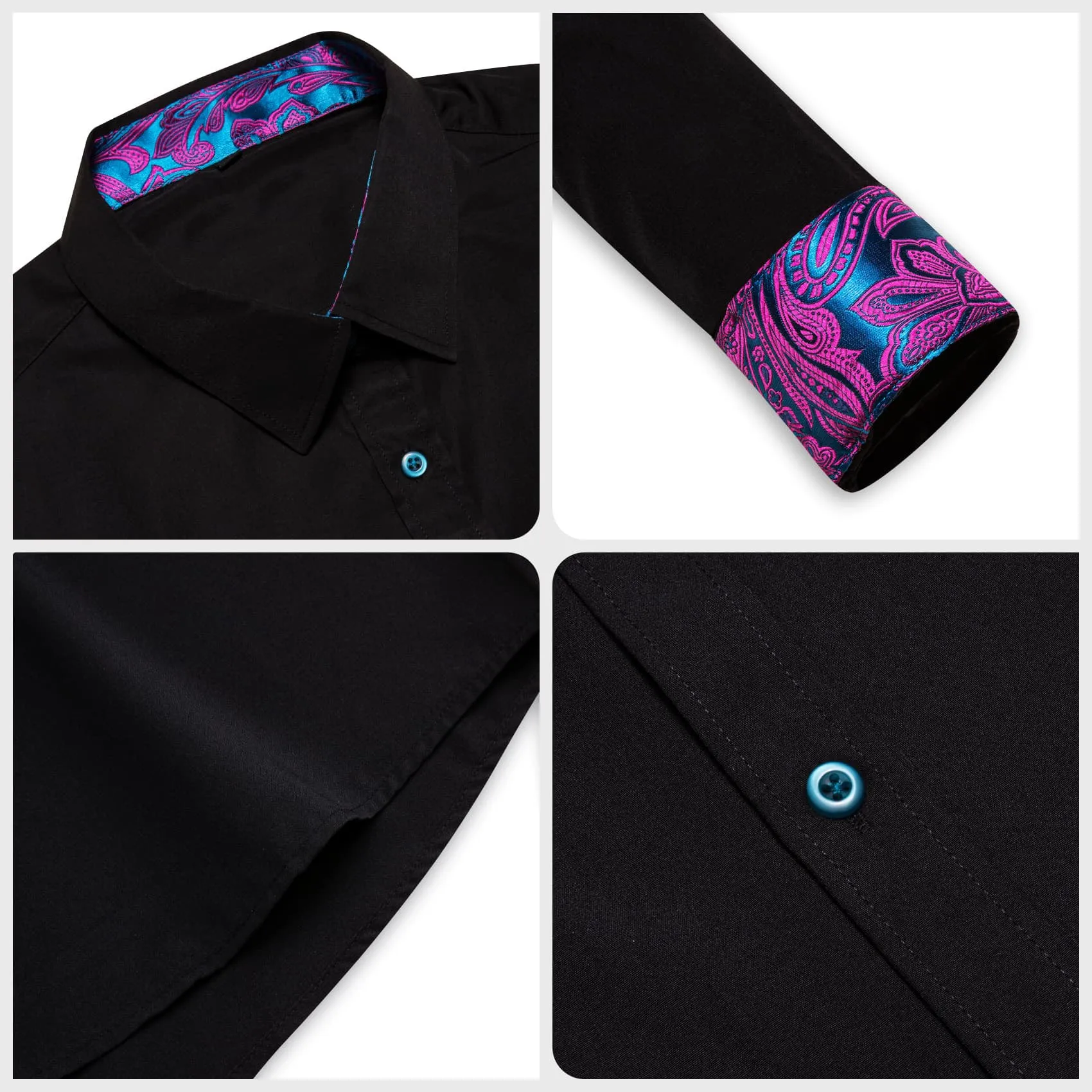 Ties2you Button Up Shirt Smoky Black Splicing Blue Silk Long Sleeve Mens Work Shirt