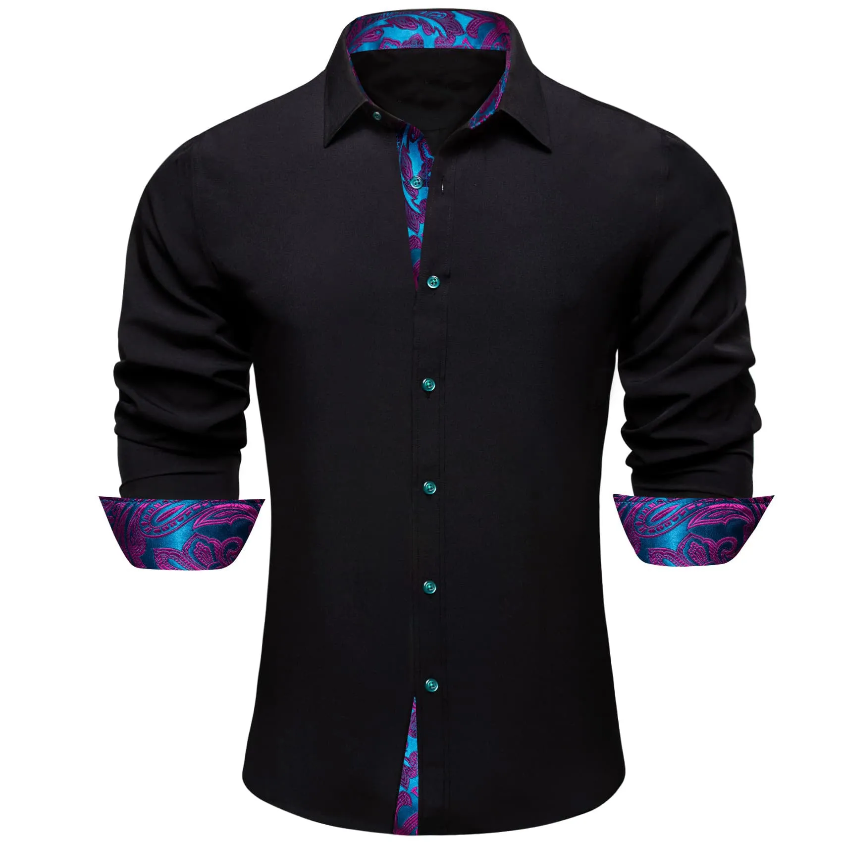 Ties2you Button Up Shirt Smoky Black Splicing Blue Silk Long Sleeve Mens Work Shirt