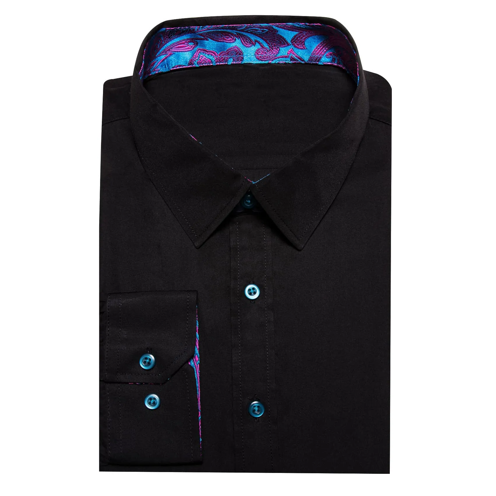 Ties2you Button Up Shirt Smoky Black Splicing Blue Silk Long Sleeve Mens Work Shirt