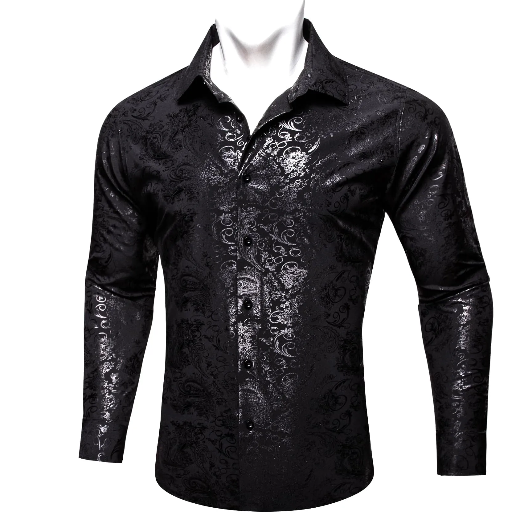 Ties2you Casual Shirt Black Silver Hot Stamping Floral Long Sleeve Button Up Shirts for Men