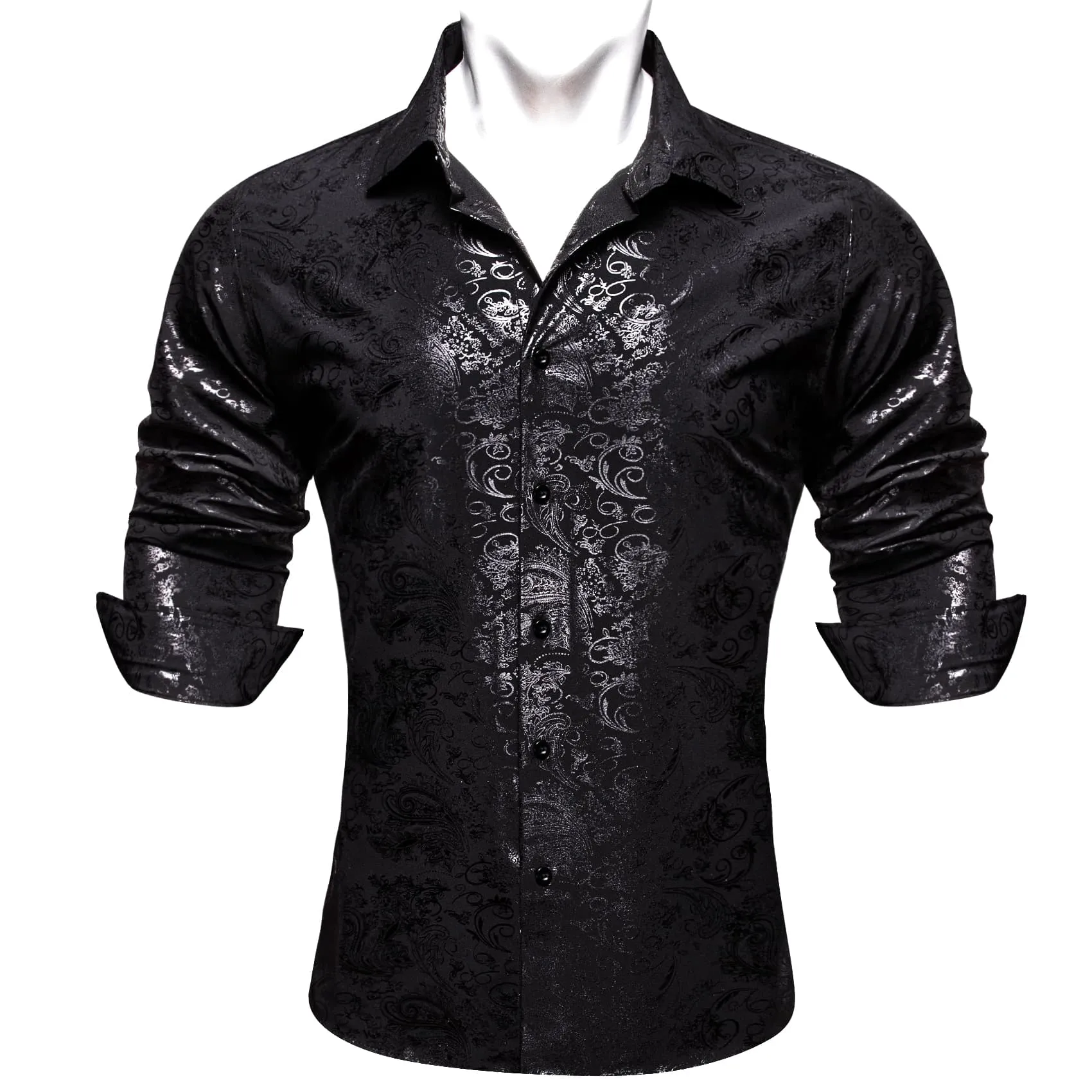 Ties2you Casual Shirt Black Silver Hot Stamping Floral Long Sleeve Button Up Shirts for Men