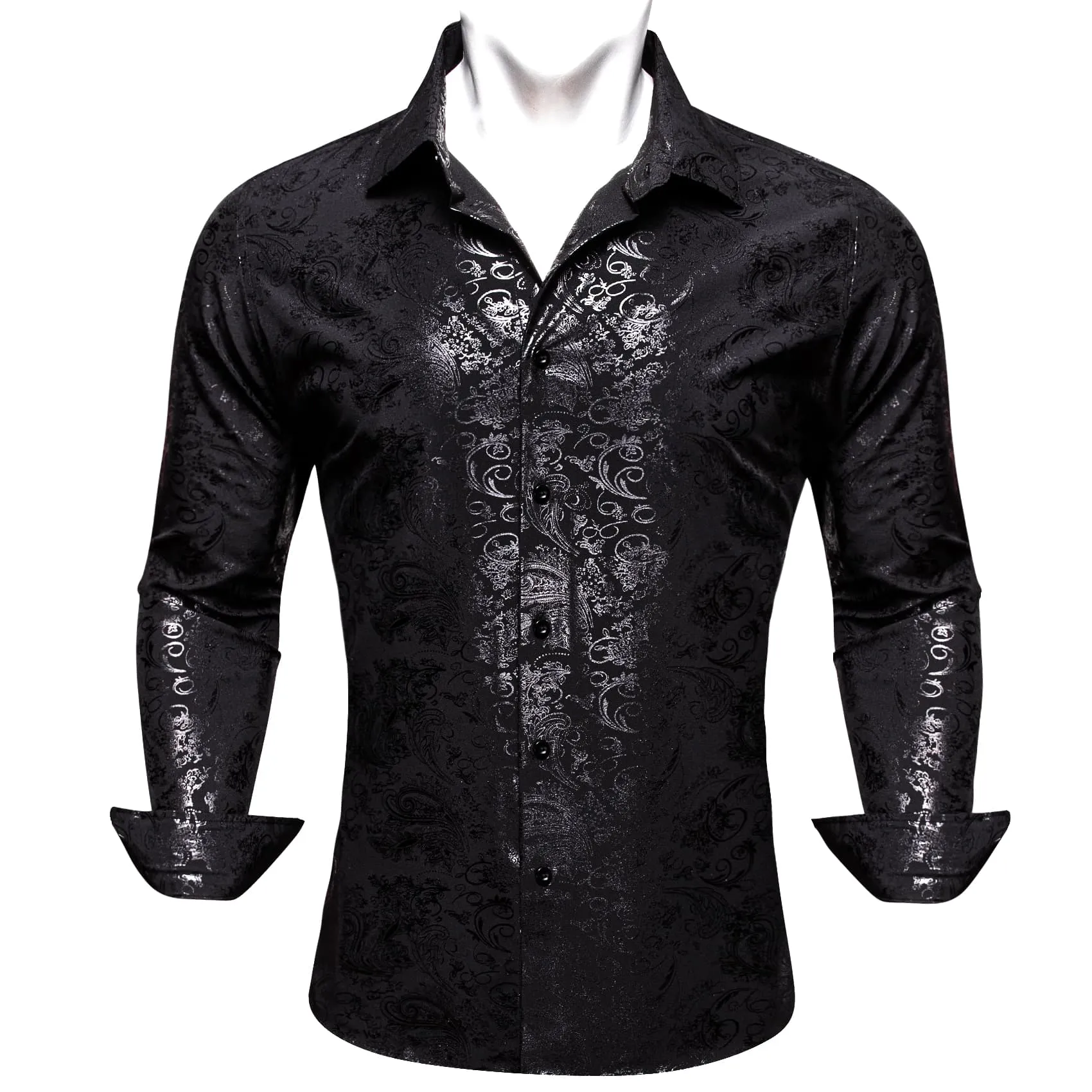 Ties2you Casual Shirt Black Silver Hot Stamping Floral Long Sleeve Button Up Shirts for Men