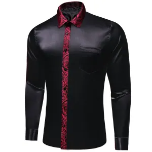 Ties2you Dress Shirt Black Solid Splicing Burgundy Paisley Button Down Long Sleeve Shirts for Men