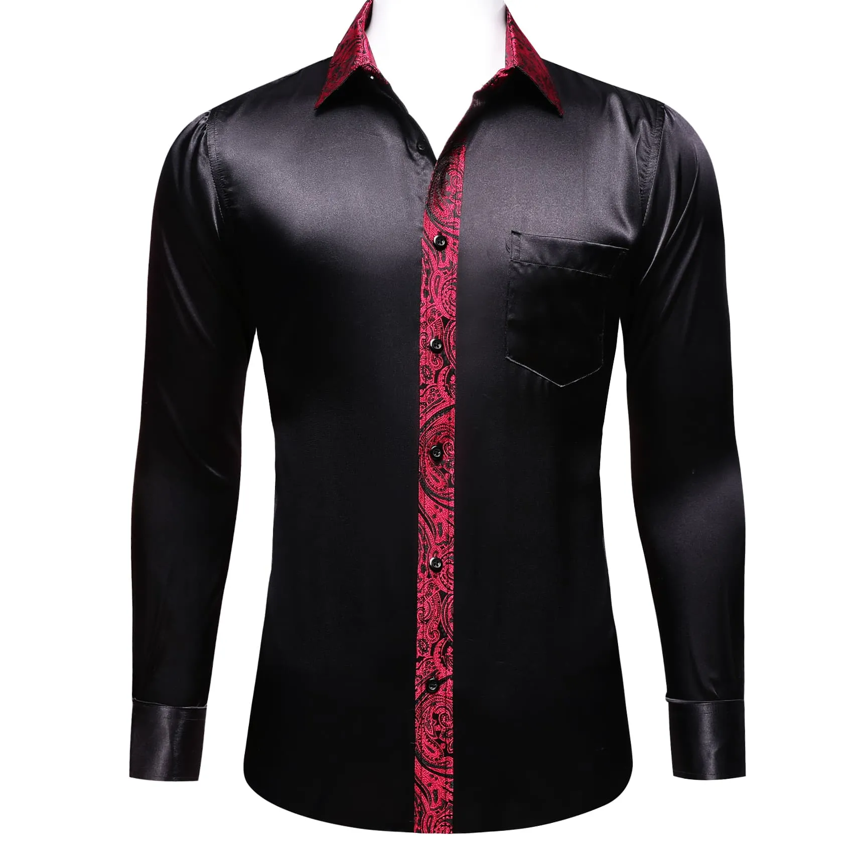 Ties2you Dress Shirt Black Solid Splicing Burgundy Paisley Button Down Long Sleeve Shirts for Men