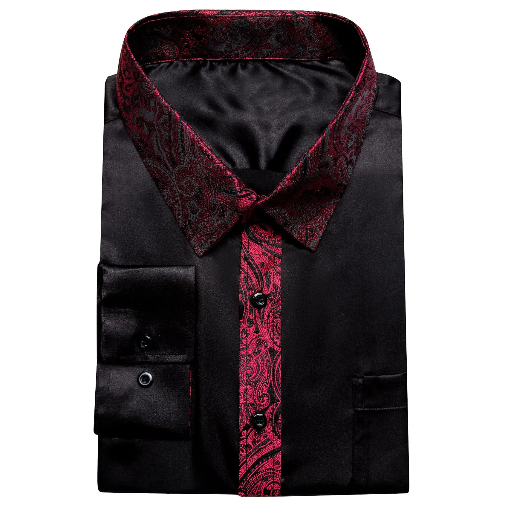 Ties2you Dress Shirt Black Solid Splicing Burgundy Paisley Button Down Long Sleeve Shirts for Men